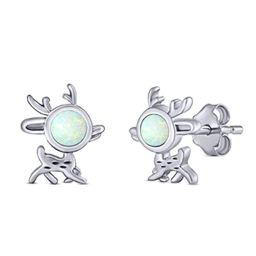 Deer Stud Earring Created White Opal Solid 925 Sterling Silver (10.1mm)